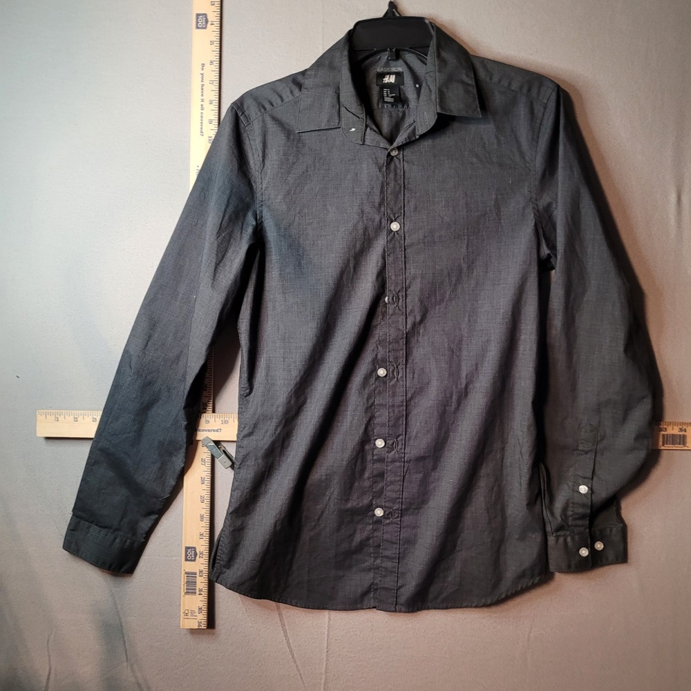 HM Easy Iron Mens Slim Fit Long Sleeve Button‎ Down Shirt Gray Charcoal Small
